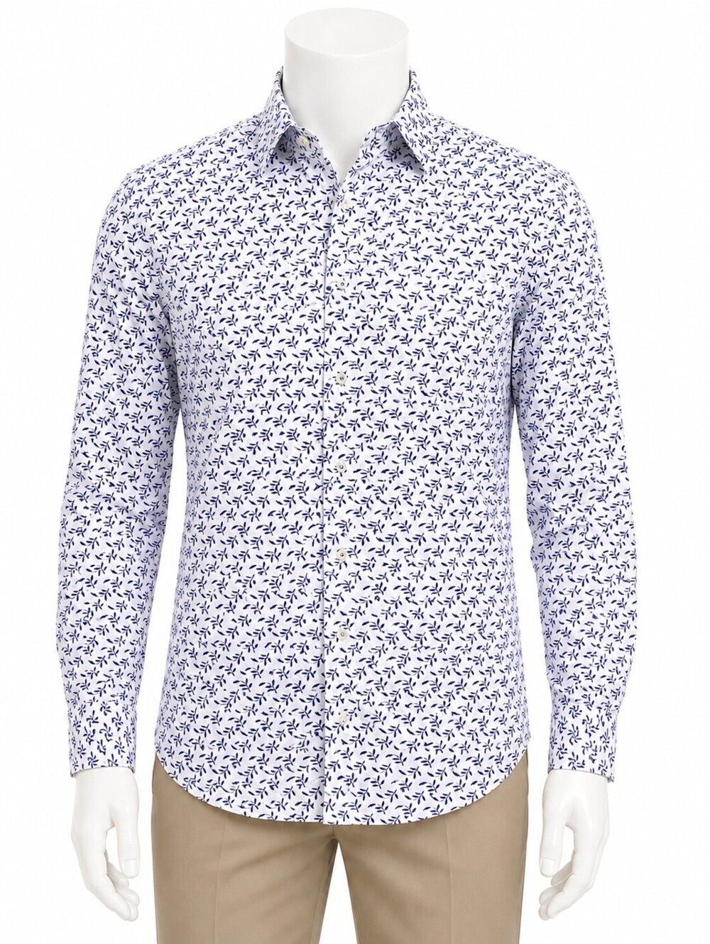 Roundtree & Yorke Men's White Cotton Button-Up Shirt with Navy Leaf Print - 3XB